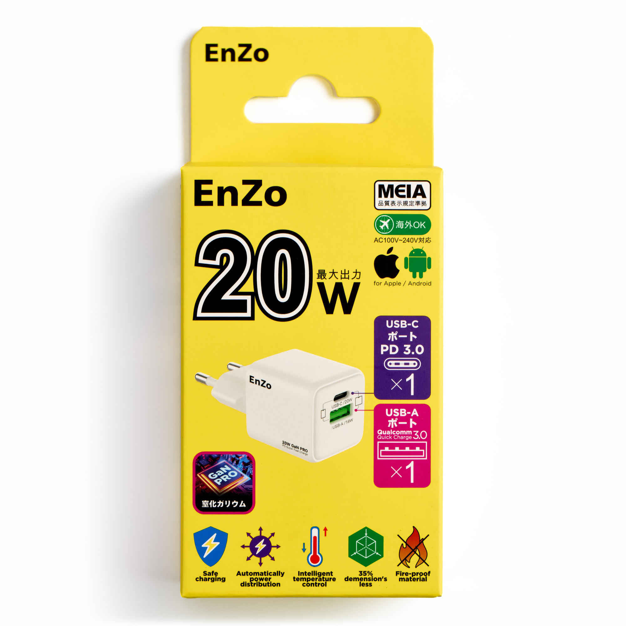 Сетевое зарядное устройство EnZo GaN PRO USB Type-C+A 20W PD/QC белый W20-1C1A